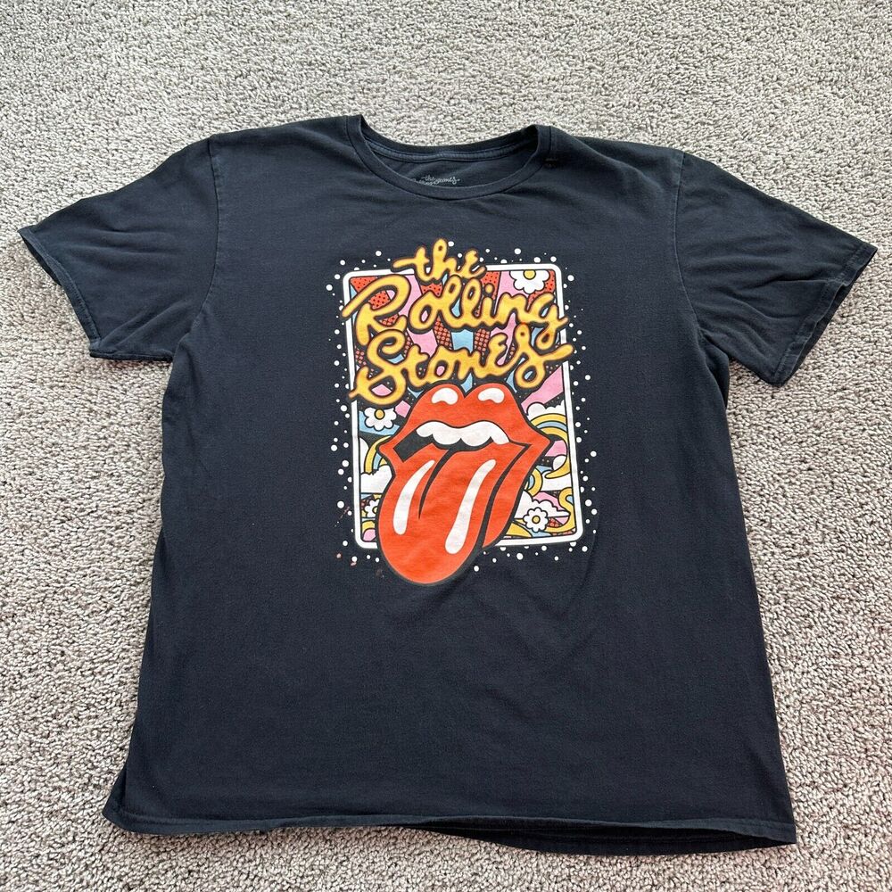 Rolling Stones Shirt Mens Large Black Red Hot Lips Trippy Short Sleeve Flaw